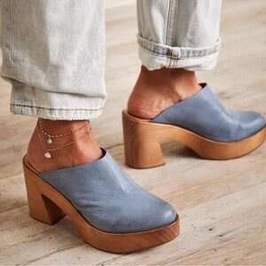 Blue Leather Platform Mules